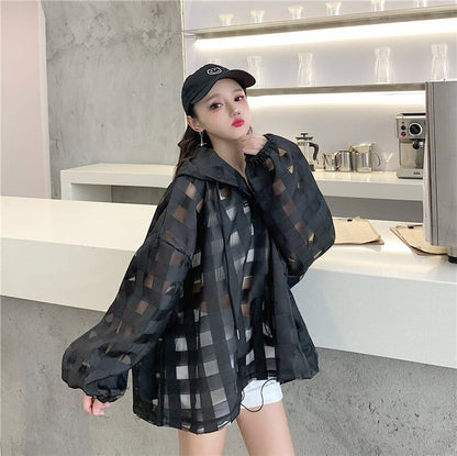 大人気 チェック柄 ゆったり 日焼け対策 UVカット 冷房対策 着?せ 長袖 フード付き シャツ ＜U-1910＞
