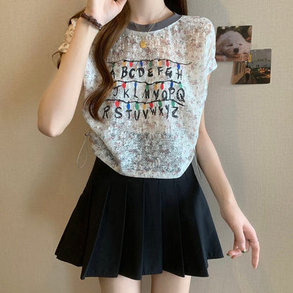 好感度UP カジュアル 大人可愛い プリント 全2色 半袖 Tシャツ＜U-8822＞