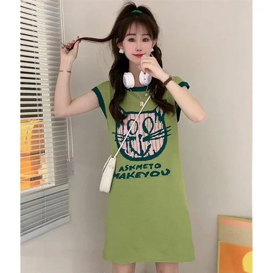 好感度100％ プリント 可愛い猫柄 ロング Tシャツ ゆったり半袖 ＜U-2867＞