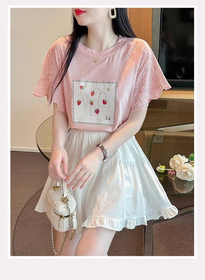 大好評 レース 上質 刺繍 切り替え 全2色 半袖Tシャツ＜U-8869＞