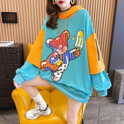 ルーズ カートゥーンプリント デザイン感 切り替え 長袖 スウェット パーカー＜U-2205＞