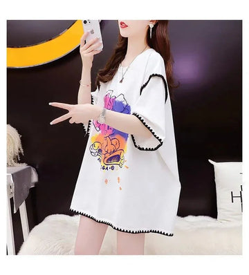 韓国系 ロング プリント Tシャツ 三色 ゆったり半袖 ＜U-2841＞