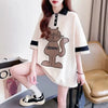 韓国系 猫柄 POLOネック ロング プリントTシャツ ゆったり半袖 ＜U-2894＞