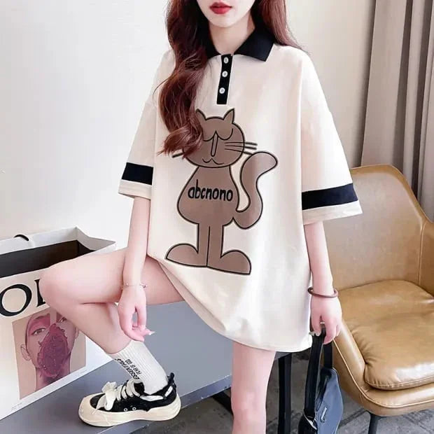 韓国系 猫柄 POLOネック ロング プリントTシャツ ゆったり半袖 ＜U-2894＞