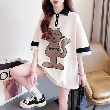 韓国系 猫柄 POLOネック ロング プリントTシャツ ゆったり半袖 ＜U-2894＞