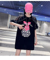 レースステッチアイスシルクニットルーズラビットプリント半袖Tシャツ<U-5038>