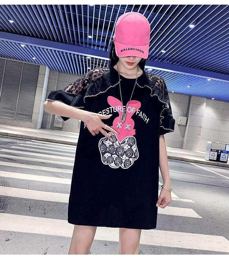 レースステッチアイスシルクニットルーズラビットプリント半袖Tシャツ<U-5038>