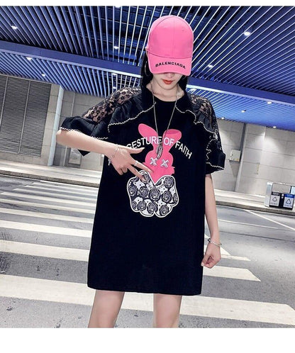 レースステッチアイスシルクニットルーズラビットプリント半袖Tシャツ<U-5038>