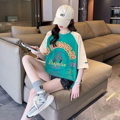夏新作 配色 プリント ロング ラグランTシャツ 三色 ゆったりワンピース ＜U-4003＞