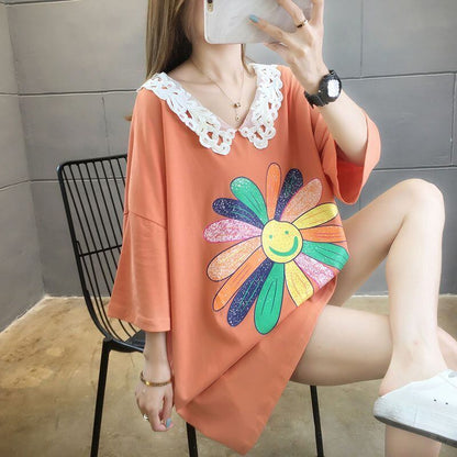 大人可愛い ロング丈 ゆったり 切り替え 三色半袖Tシャツ＜U-8129＞