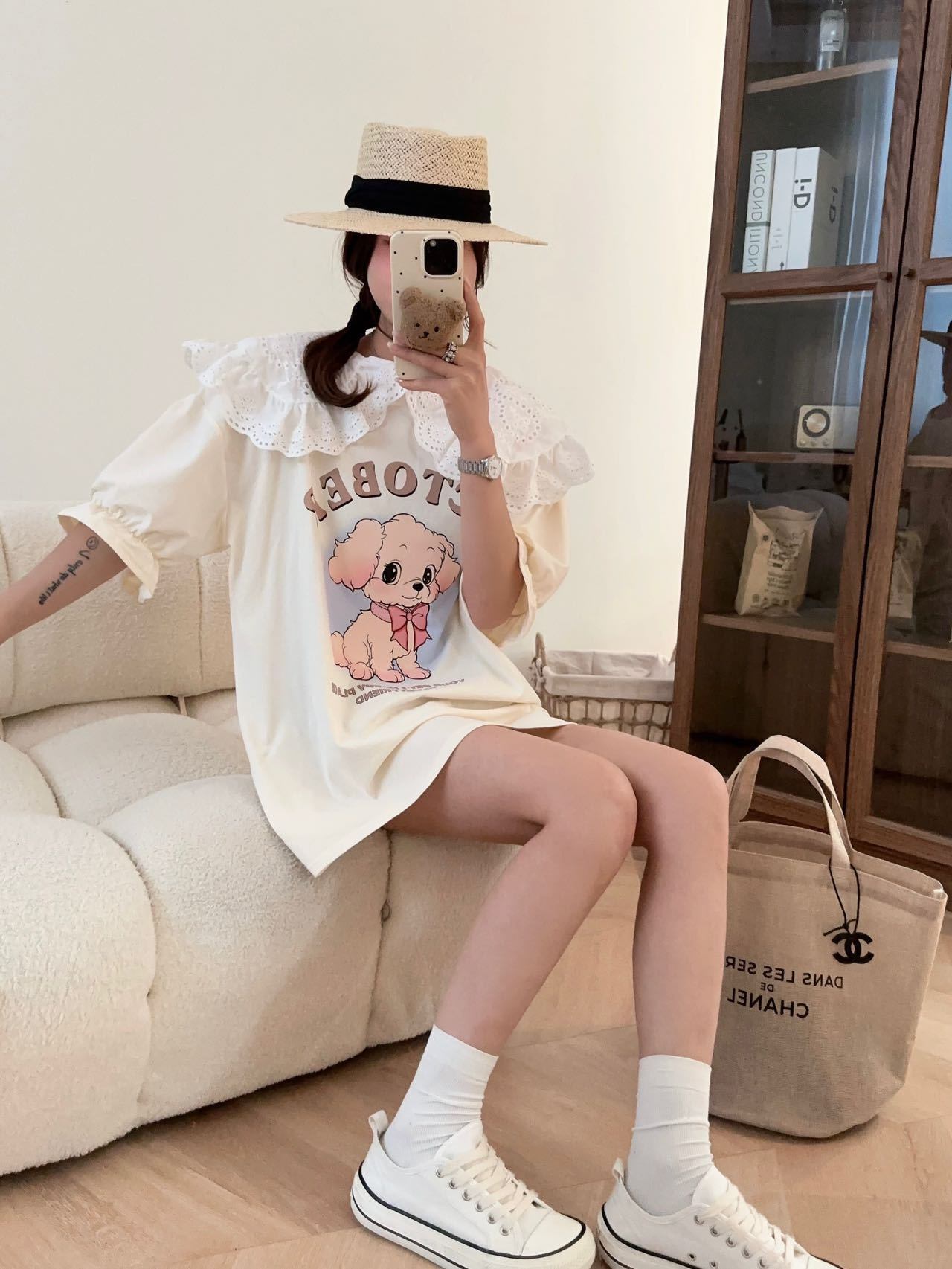 スウィート ワンちゃんロゴ 韓国系 ゆったりTシャツ半袖<U-4882>