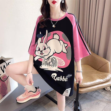 好感度UP グラフィック ストライプ柄 ラグランTシャツ ゆったり ワンピース＜U-3994＞