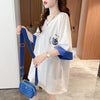 韓国系 ドロップショルダープリント ラウンドネック ロング Tシャツ 三色 ゆったり半袖＜U-3011＞