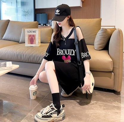 売り切れ必至 Vネック セクシー 切り替え チュール プリントTシャツ ゆったりワンピース ＜U-3050＞