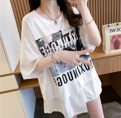 絶対流行 レイヤード風 レース プリント全2色 半袖Tシャツ<U-8821>