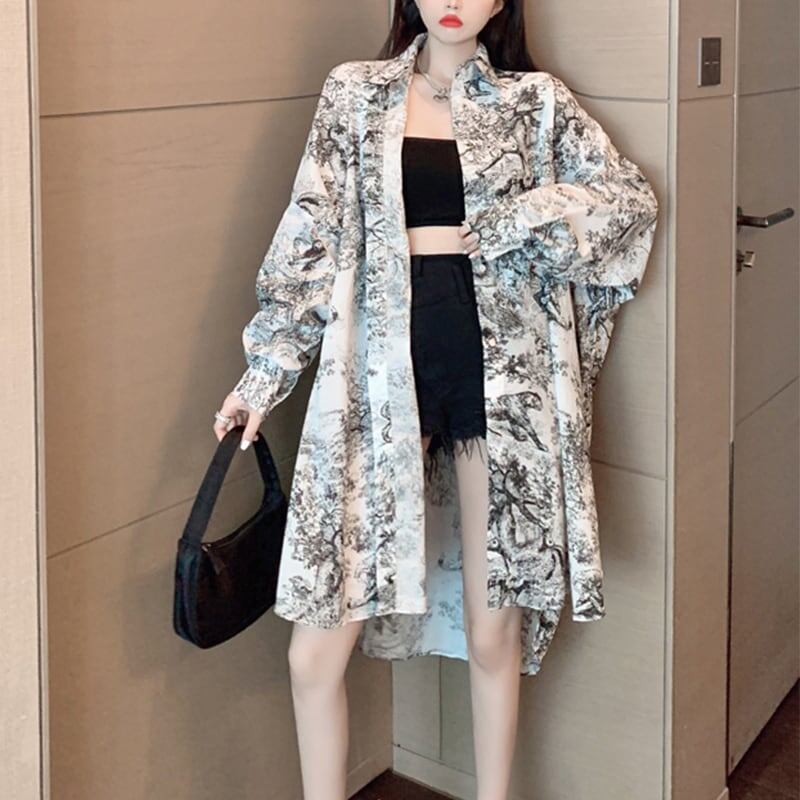 着心地抜群 プリント 女性力を高める POLOネック シャツ ブラウス ワンピース＜U-3147＞