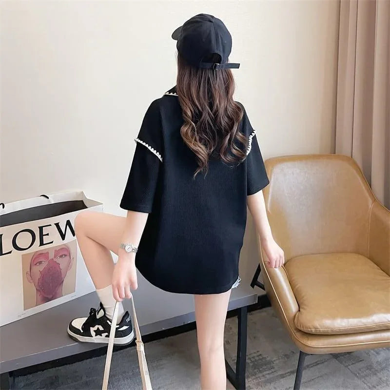 美人度アップ 折り襟 ワッフル ぬいぐるみ付き ロング Tシャツ ゆったり半袖 ＜U-2930＞