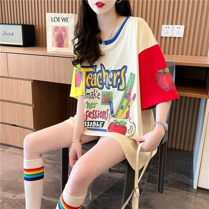 大注目 ドロップショルダー 落書き カラーマッチング プリントTシャツ ゆったり半袖 ＜U-3010＞