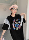おすすめ レース ファッション 切り替え プリント Tシャツ カットソー ワンピース＜U-8535＞