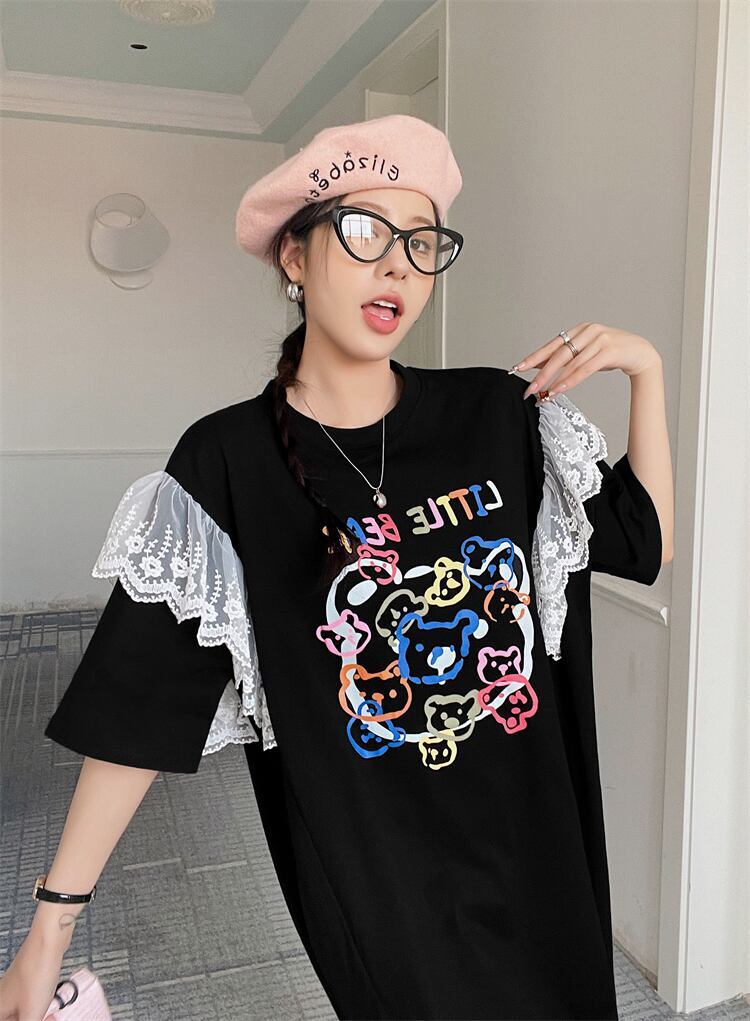 おすすめ レース ファッション 切り替え プリント Tシャツ カットソー ワンピース＜U-8535＞