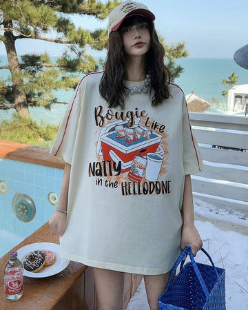 着せ ゆったり ビッグロゴ ロングTシャツ 半袖 ワンピース<U-4859>