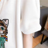 質感のいい POLOネック 猫刺繍 ロング Tシャツ ゆったり半袖 ＜U-2849＞