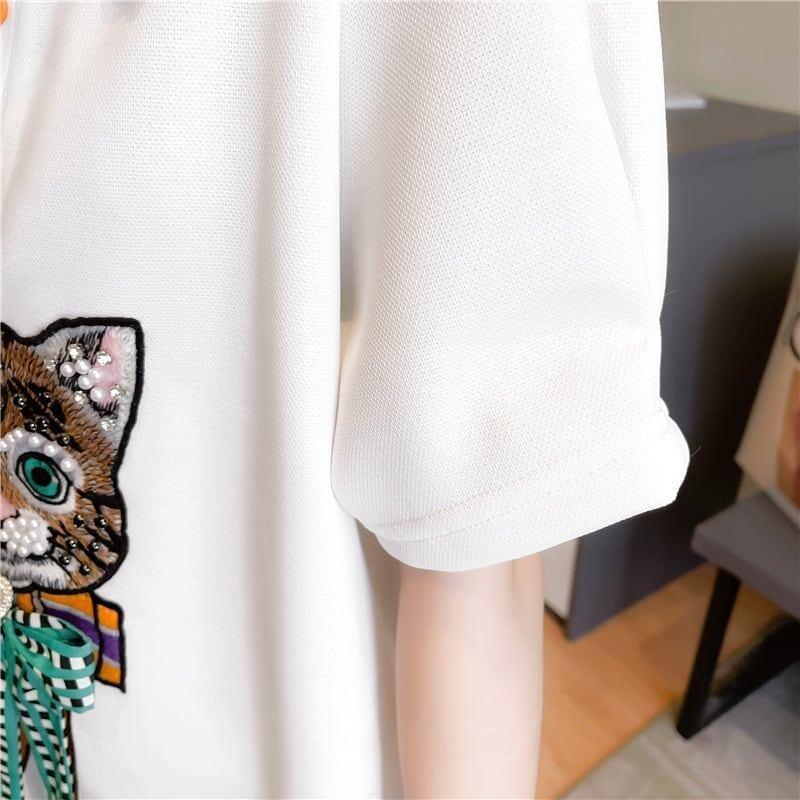 質感のいい POLOネック 猫刺繍 ロング Tシャツ ゆったり半袖 ＜U-2849＞