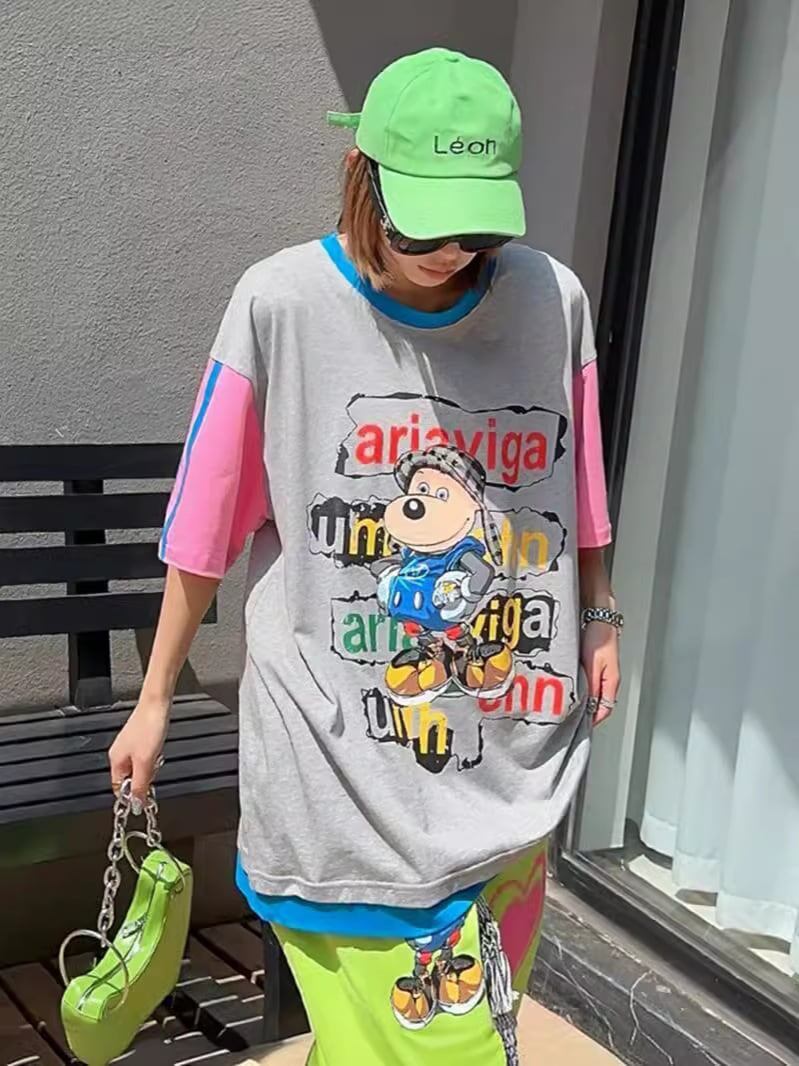 話題沸騰中 ゆったり カジュアル プリント カラーマッチング 半袖Tシャツ＜U-8067＞