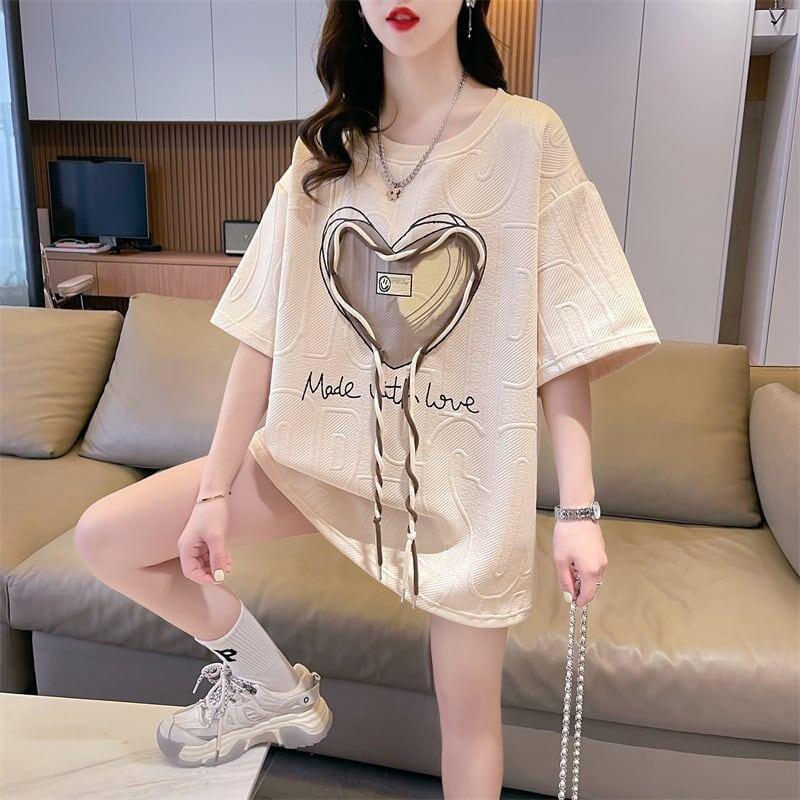 着心地良い ハート 立体風 プリントTシャツ 三色 ゆったり半袖＜U-2933＞