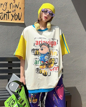 話題沸騰中 ゆったり カジュアル プリント カラーマッチング 半袖Tシャツ＜U-8067＞