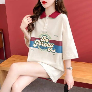 スタイルアップ グラフィック POLOネック ドロップショルダーTシャツ ゆったり半袖 ＜U-3048＞