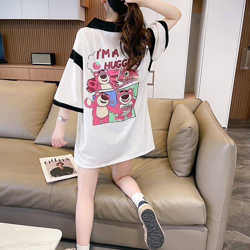 POLOネック 切り替え 熊柄 ロング プリント Tシャツ 二色 ゆったりワンピース ＜U-3020＞
