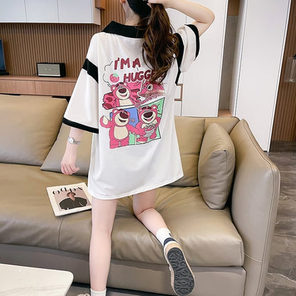 POLOネック 切り替え 熊柄 ロング プリント Tシャツ 二色 ゆったりワンピース ＜U-3020＞