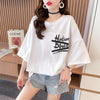 【人気商品再入荷！】   デザイン個性ゆったりミドル丈半袖Tシャツ<U-3036>