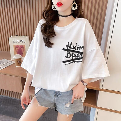 【人気商品再入荷！】   デザイン個性ゆったりミドル丈半袖Tシャツ<U-3036>