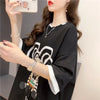 気質ルーズ漫画プリントミッドレングス半袖Tシャツ<U-3026>