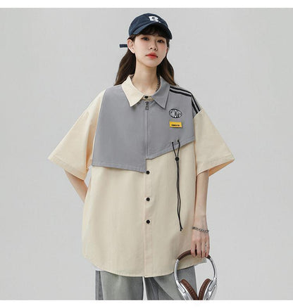 シンプルだけど一癖あるコーデ 切り替え レイヤード風 全2色 半袖Tシャツ<U-9046>