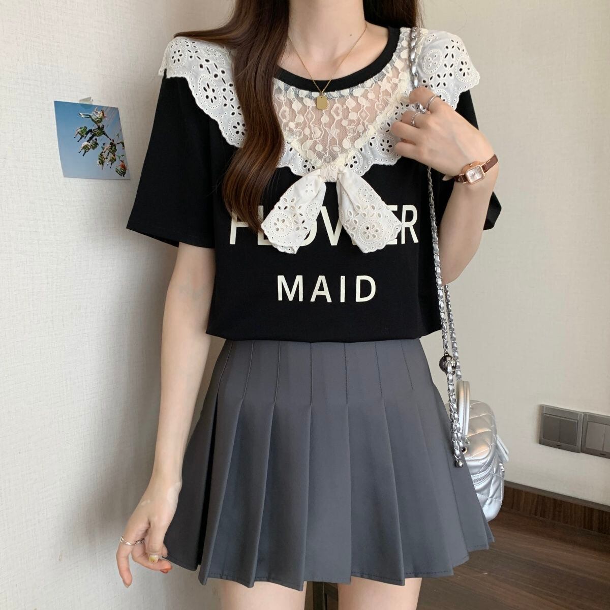 超人気 レース スウィート 切り替え プリント 3色選択 半袖Tシャツ＜U-8825＞