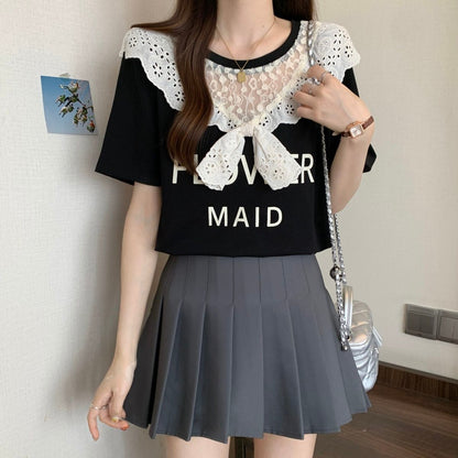 超人気 レース スウィート 切り替え プリント 3色選択 半袖Tシャツ＜U-8825＞