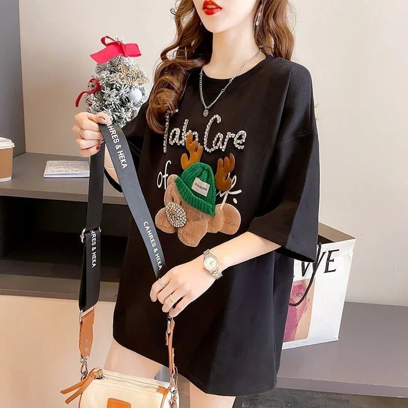 大活躍 ロング ビジューロゴ Tシャツ ゆったり 半袖 三色＜U-2922＞