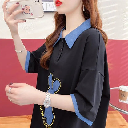 韓国系 ウサギちゃん POLOネック プリントTシャツ 三色 ゆったり半袖 ＜U-3056＞