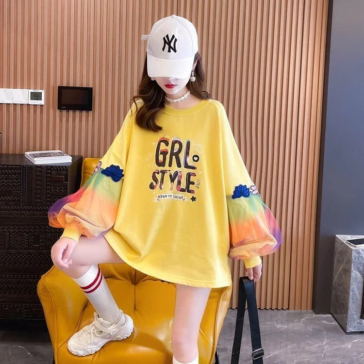 秋の新作 パフスリーブ アルファベットプリント 長袖ラグランTシャツトップス<U-4032>