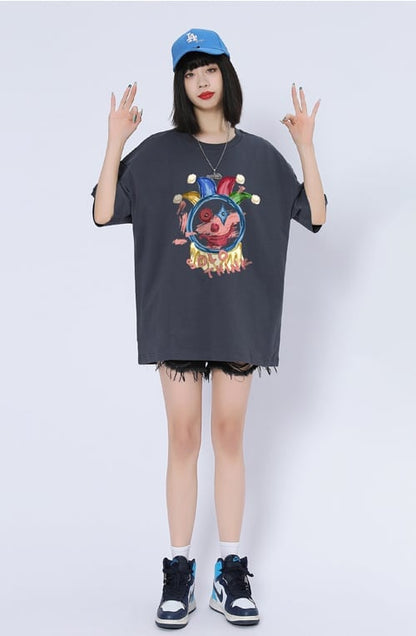 話題沸騰中 ゆったり カジュアル プリント 6色 半袖Tシャツ＜U-8164＞