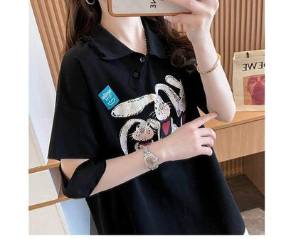 美人度アップ 折り襟 可愛いウサギちゃん プリントロング Tシャツ ゆったり半袖 ＜U-2956＞