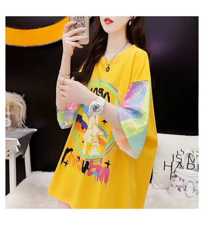 大好評 プリントTシャツ スパンコール切り替え ゆったり半袖＜U-2890＞