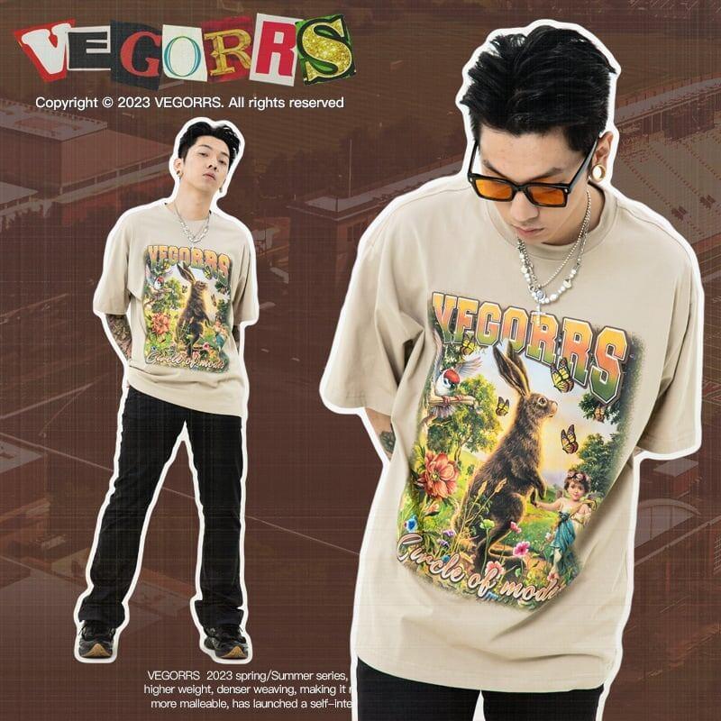 アメリカンレトロ絵画ウサギ半袖Tシャツカップル男女同スタイル<U-2910>