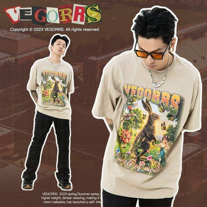 アメリカンレトロ絵画ウサギ半袖Tシャツカップル男女同スタイル<U-2910>