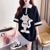韓国系 猫柄 POLOネック ロング プリントTシャツ ゆったり半袖 ＜U-2894＞