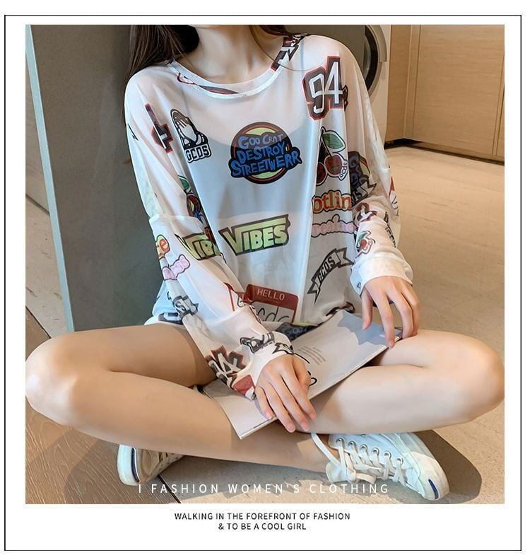 超人気 ルーズ 個性派 日焼け防止に透け感 Tシャツ＜U-8052＞