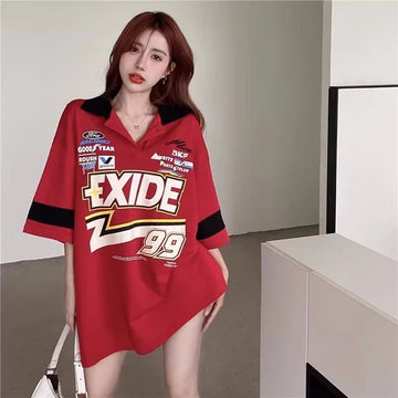 韓国系 オーバーサイズ POLOネック グラフィック ロング Tシャツ 三色 ゆったりワンピース＜U-4025＞